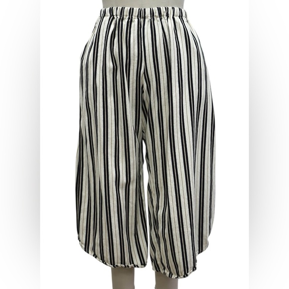 Krista Larson Wide Leg Pant Cotton Striped Cropped Cream Black Khaki OS Pull On - Picture 2 of 6